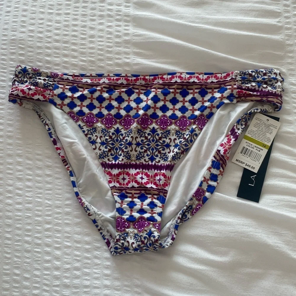 NWT LA BLANCA multi color pattern bikini bottoms size 14